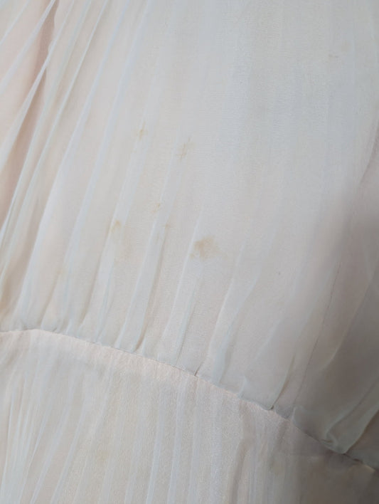 Vintage 1970s Merco Davron Pale Pink Pleated Chiffon Flutter Sleeve Maxi Dress - Image 2