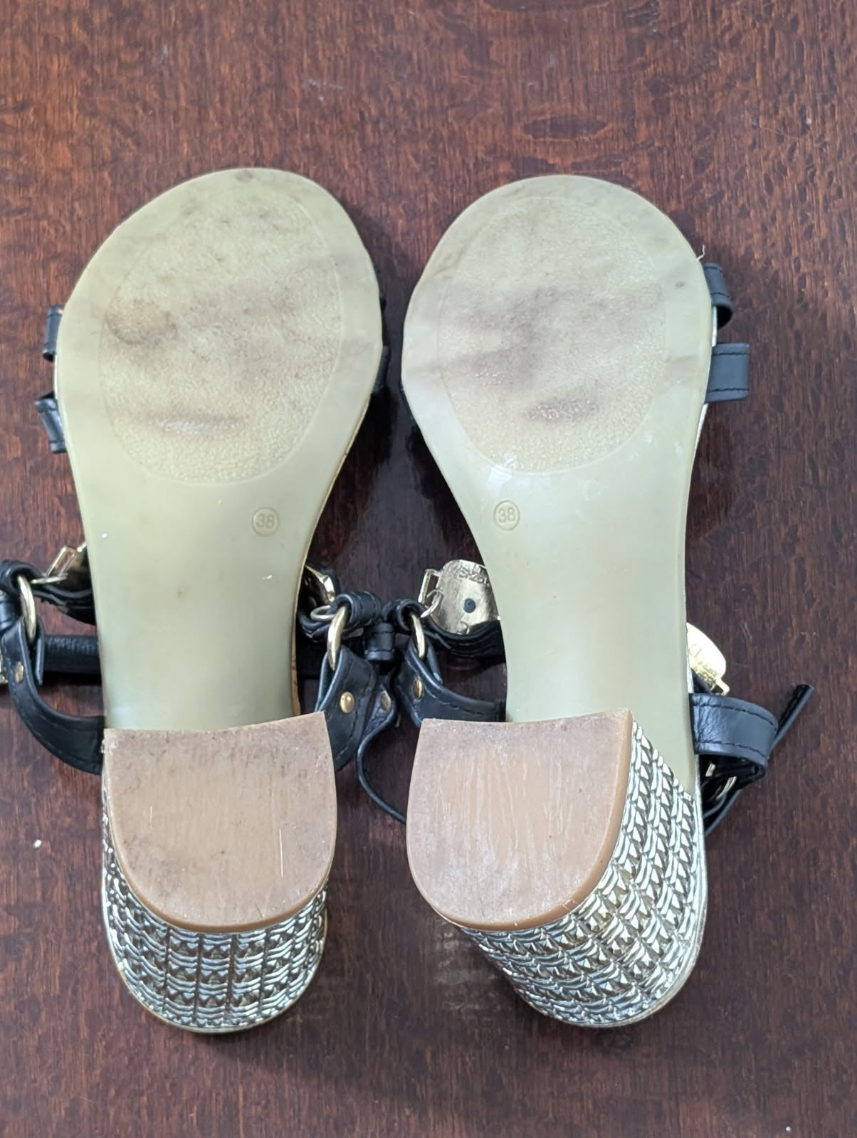 Prativerdi Leather Block Heel Sandals Black Gold EU 38 - Image 6