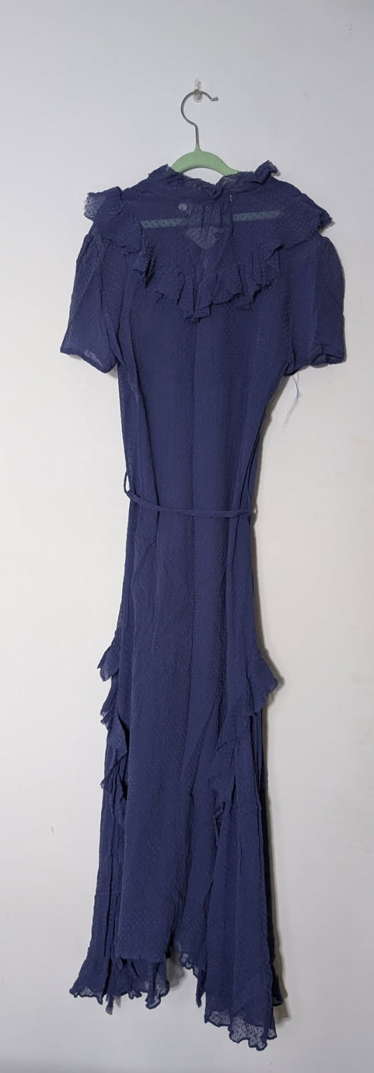 Lee Mathews Navy Blue Swiss Dot Silk Ruffle Maxi Dress - Image 2