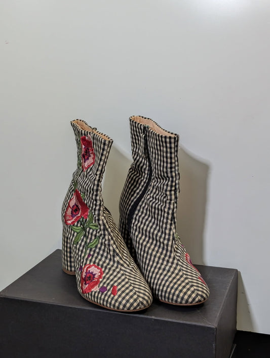 Topshop Gingham Floral Embroidered Ankle Boots - EU 39 - Image 2