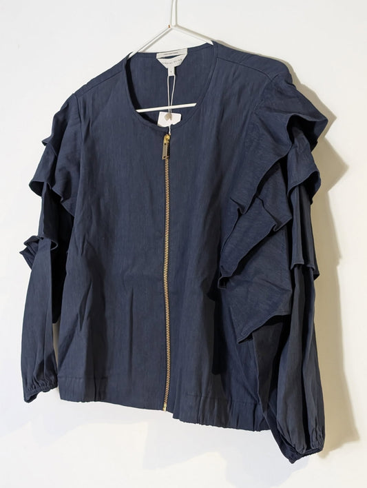 Veronika Maine Navy Blue Ruffle Zip-Up Jacket - Women's Size 8 - Image 2