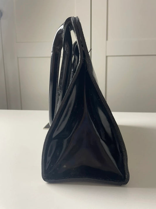 DKNY Black Patent Leather Structured Trapezoid Handbag - Image 2