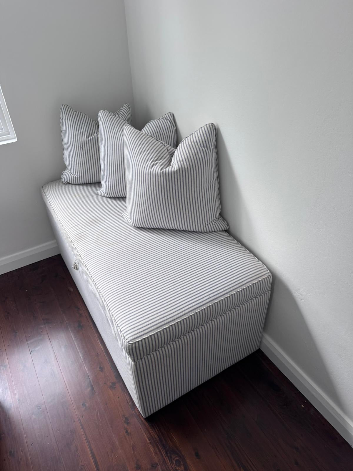 Custom Upholstered Storage Ottoman Bench - Blue & White Stripe - Image 9