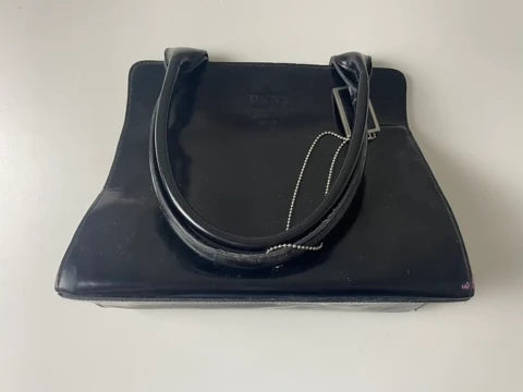 DKNY Black Patent Leather Structured Trapezoid Handbag - Image 7