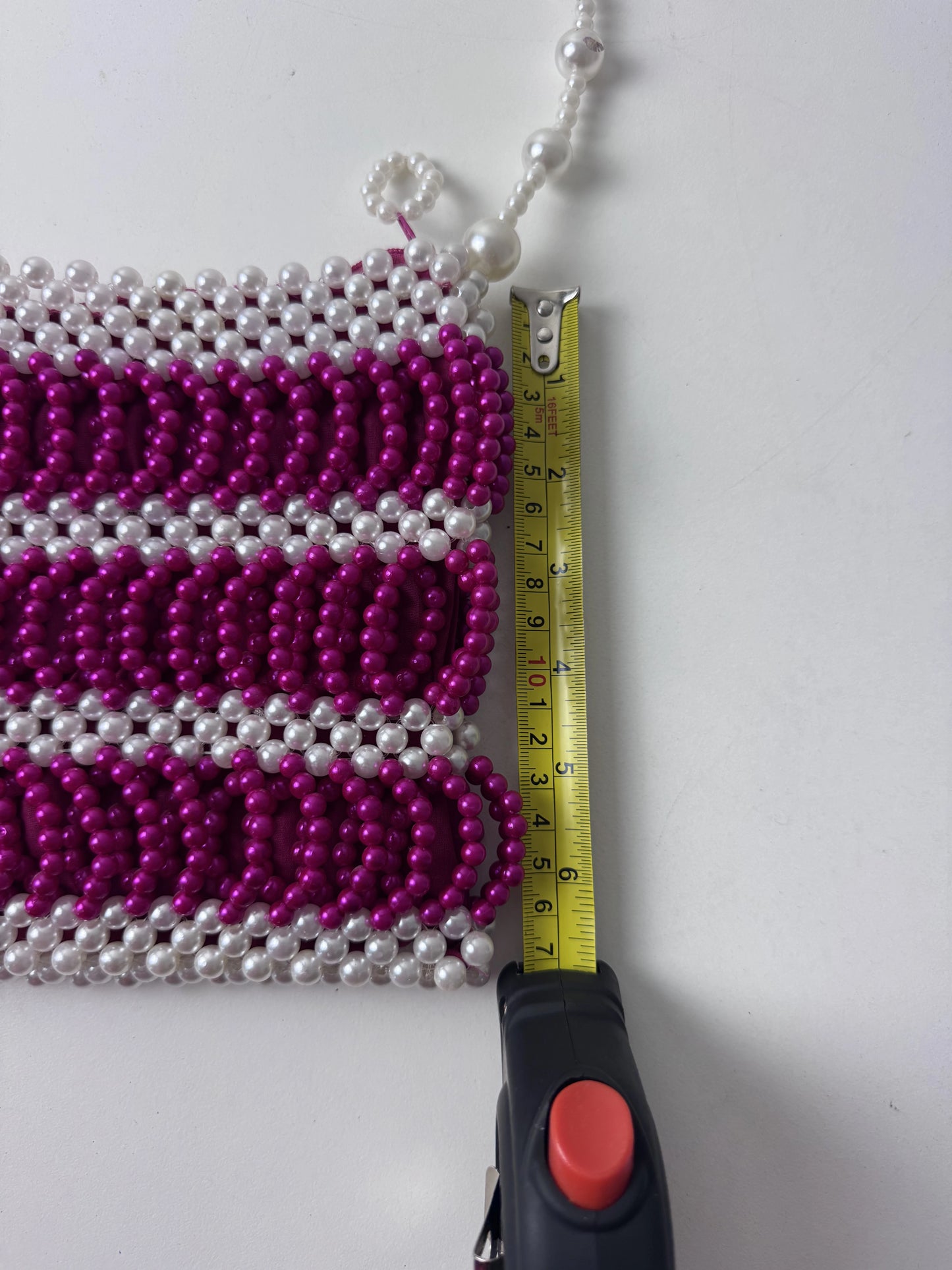 Small Beaded Handbag White and Magenta Striped Pattern - Image 11