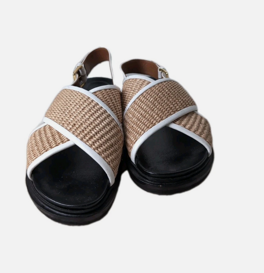 Marni Raffia Cross Strap Platform Sandals White Brown