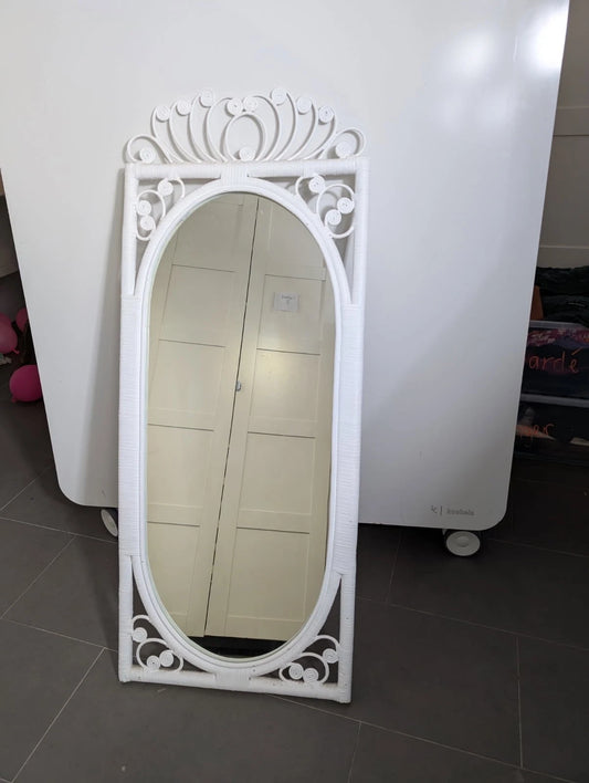 Vintage White Rattan Peacock Wall Mirror Coastal Boho Cane Mirror