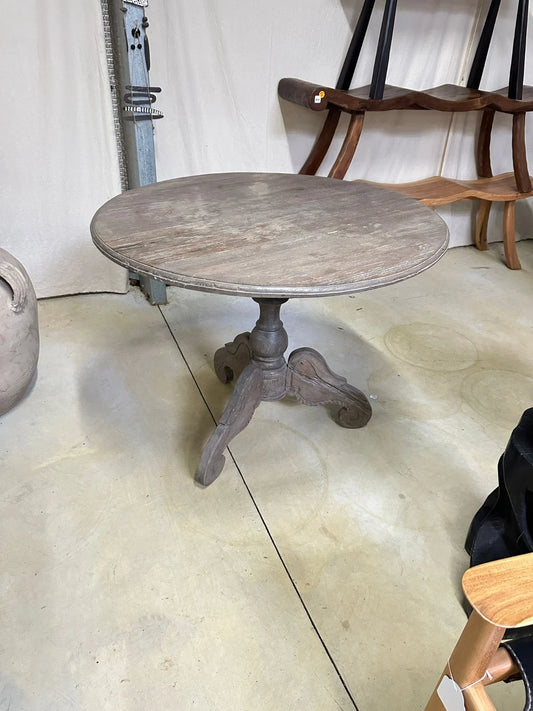 Antique Greyed Teak Side Table Round Rustic Pedestal Accent Table
