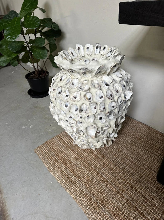 Oyster Shell Urn Coastal Sculptural Vase Mediterranean Decor