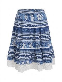 L and J Creation Provence Blue Floral Tiered Skirt - Image 1