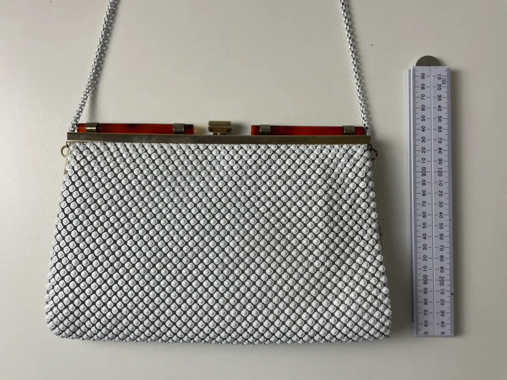 White Metal Mesh Evening Handbag with Gold-Tone Frame - Image 1