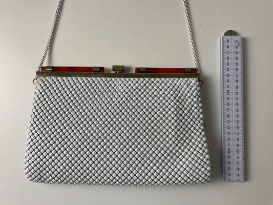 White Metal Mesh Evening Handbag with Gold-Tone Frame - Image 1