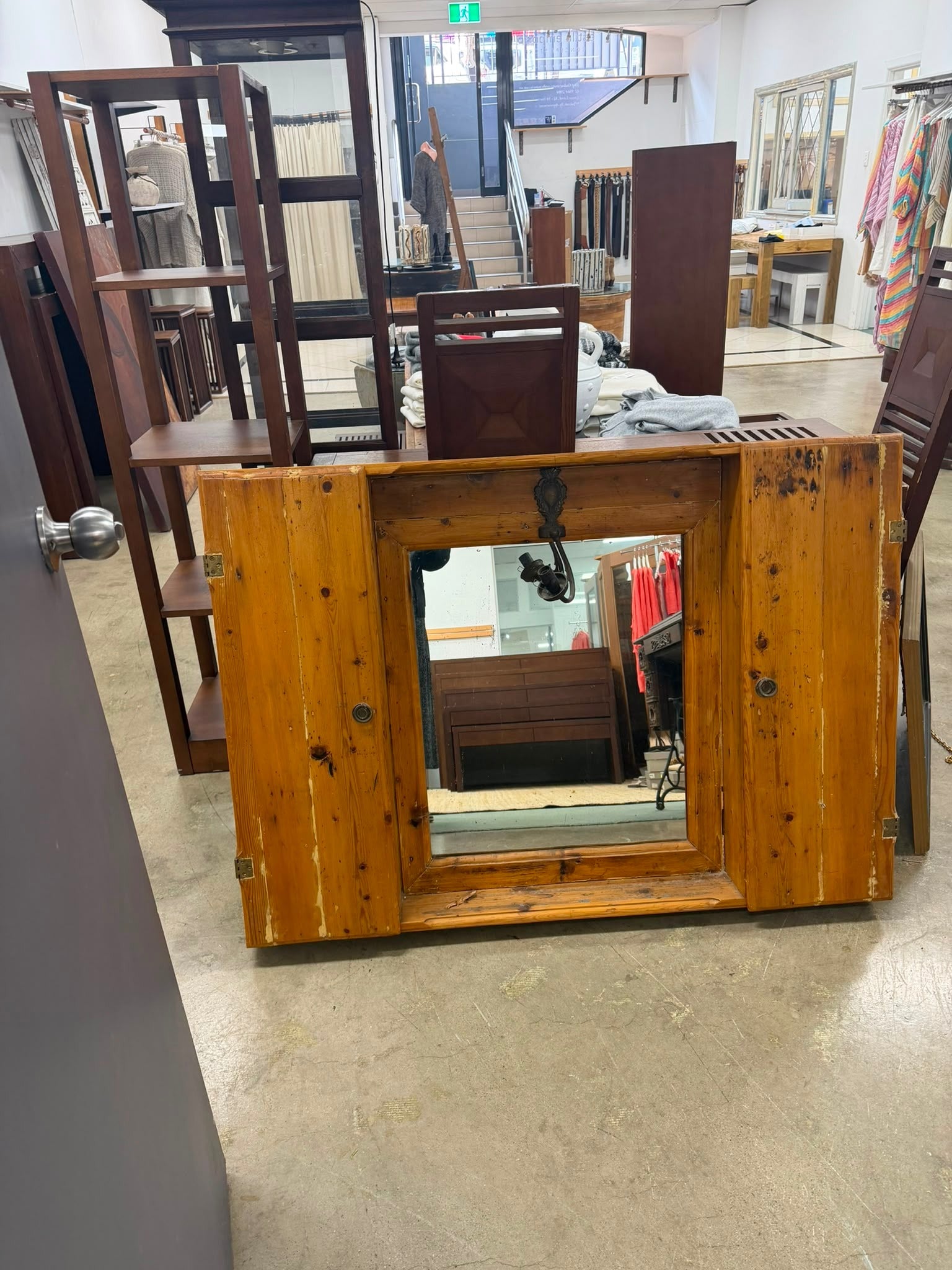 Rustic Reclaimed Wood Shutter Mirror With Storage Cabinets - Image 1