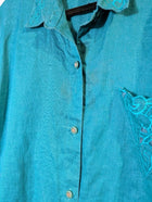 Grey Linen Short Sleeve Button-Up Shirt Teal Embroidered Pocket - Image 2