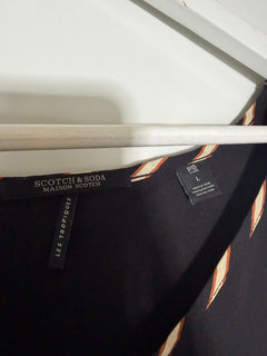 Maison Scotch V-Neck T-Shirt Black with Striped Trim Size L - Image 2