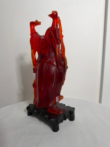 Vintage Chinese Red Resin Laughing Buddha Figurine with Stand - Image 3