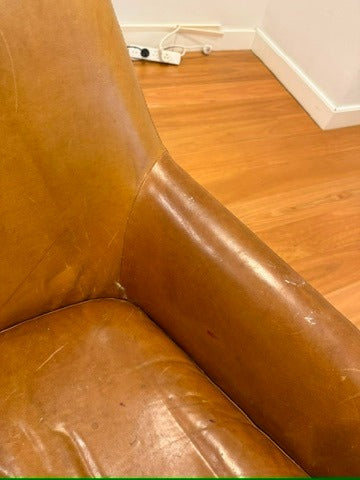 West Elm Mid-Century Show Wood Swivel Chairs Tan Leather Pair - Image 2