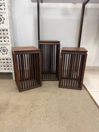 Wooden Slat Pedestal Stands Set of Three MCM Style Display Plinths Brown - Image 1