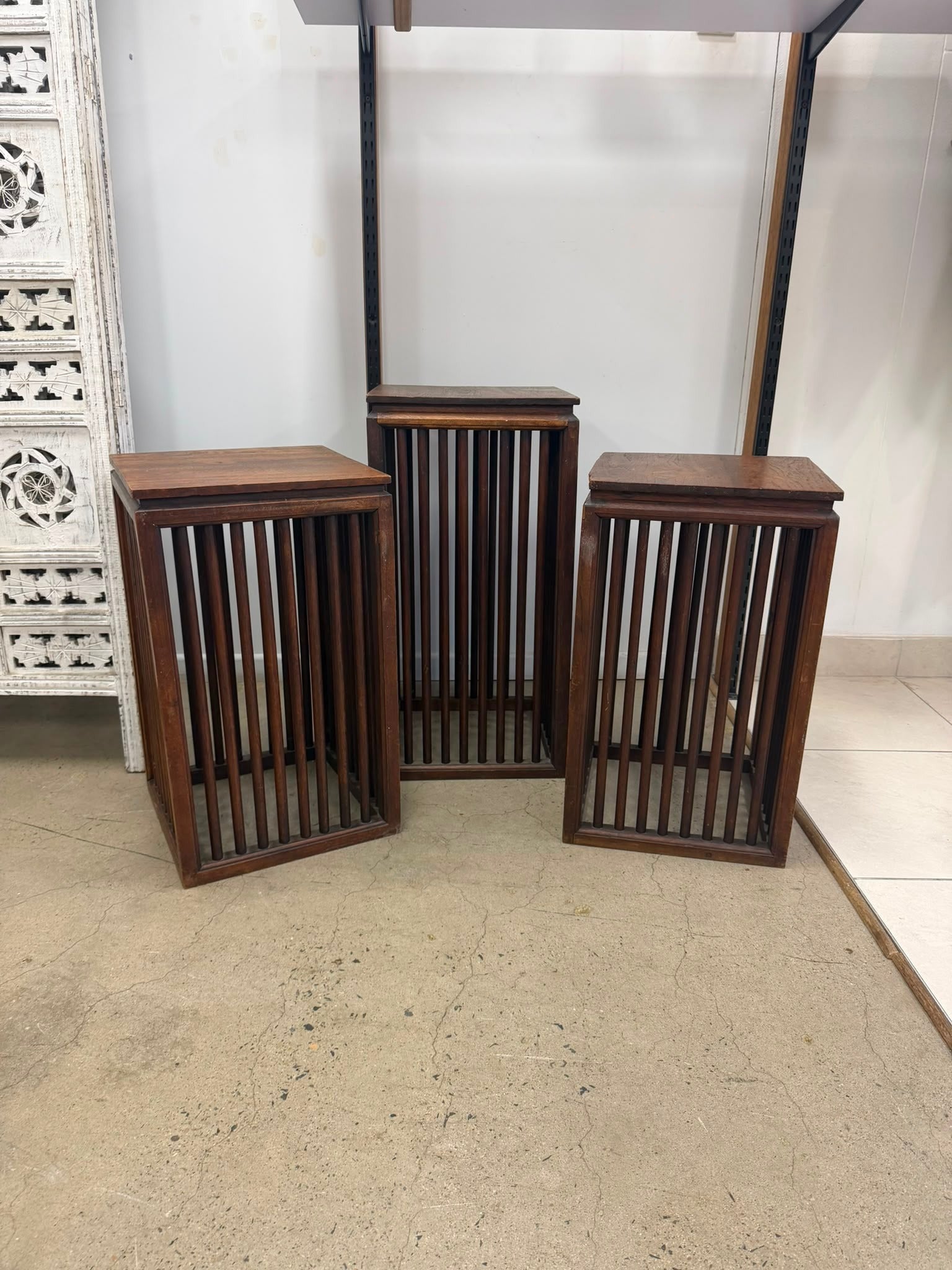 Wooden Slat Pedestal Stands Set of Three MCM Style Display Plinths Brown - Image 1