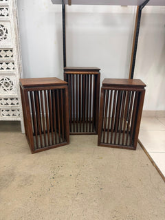 Wooden Slat Pedestal Stands Set of Three MCM Style Display Plinths Brown - Image 1
