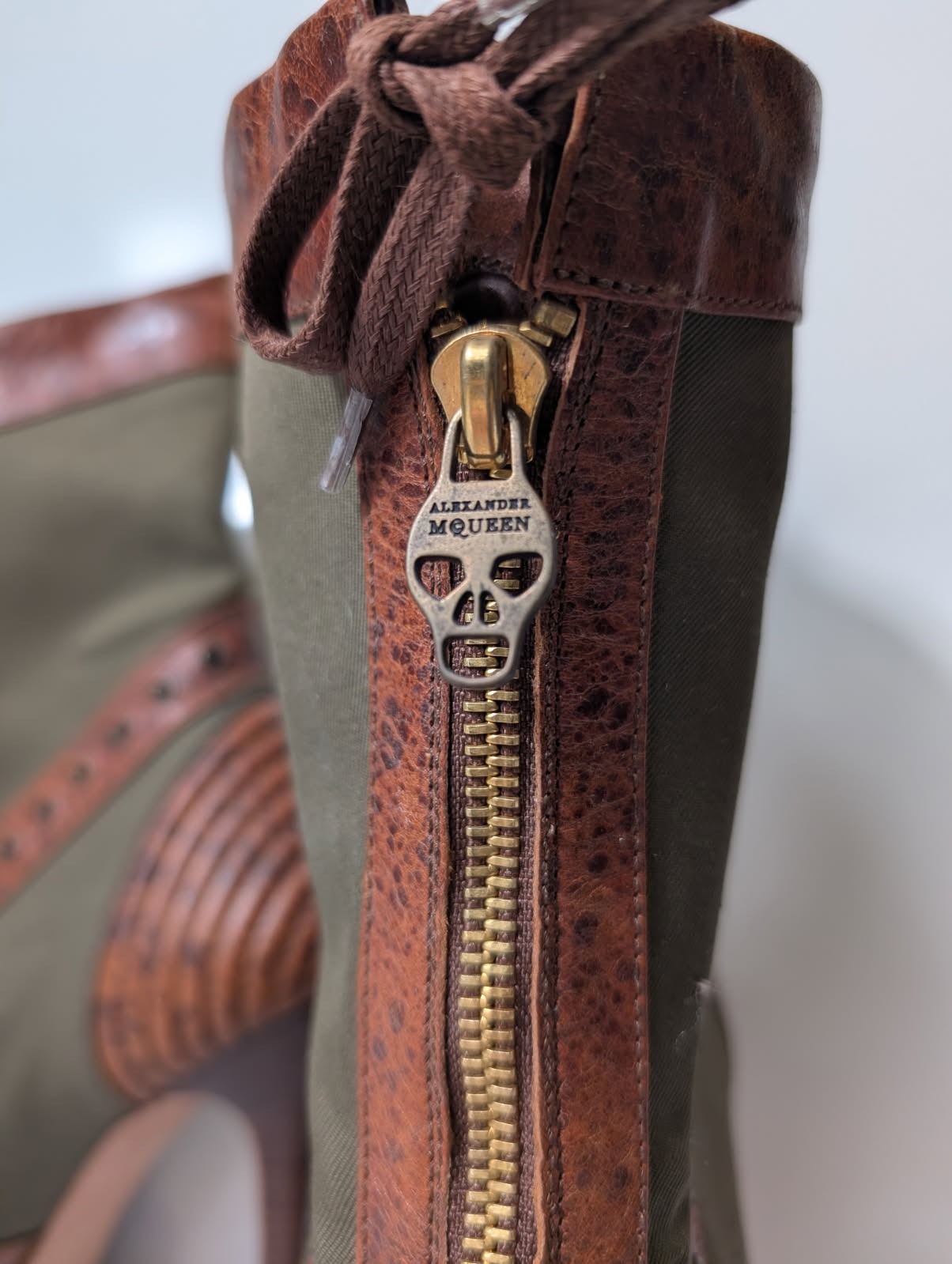 Alexander McQueen Khaki Canvas & Brown Leather Peep Toe Skull Zip Boots - Image 2