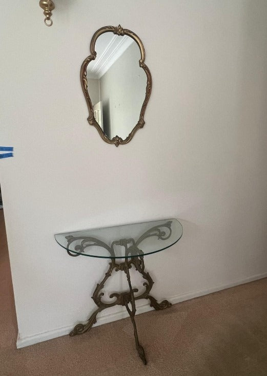 Vintage Ornate Brass and Glass Console Table with Matching Wall Mirror - Image 1