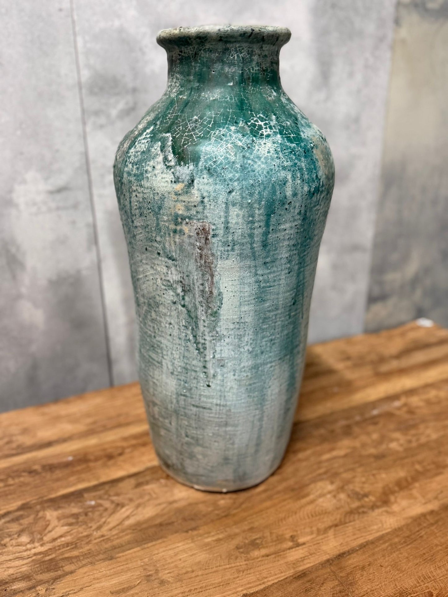 Unbranded Ceramic Floor Vase Rustic Teal Crackle Glaze Large - Image 1