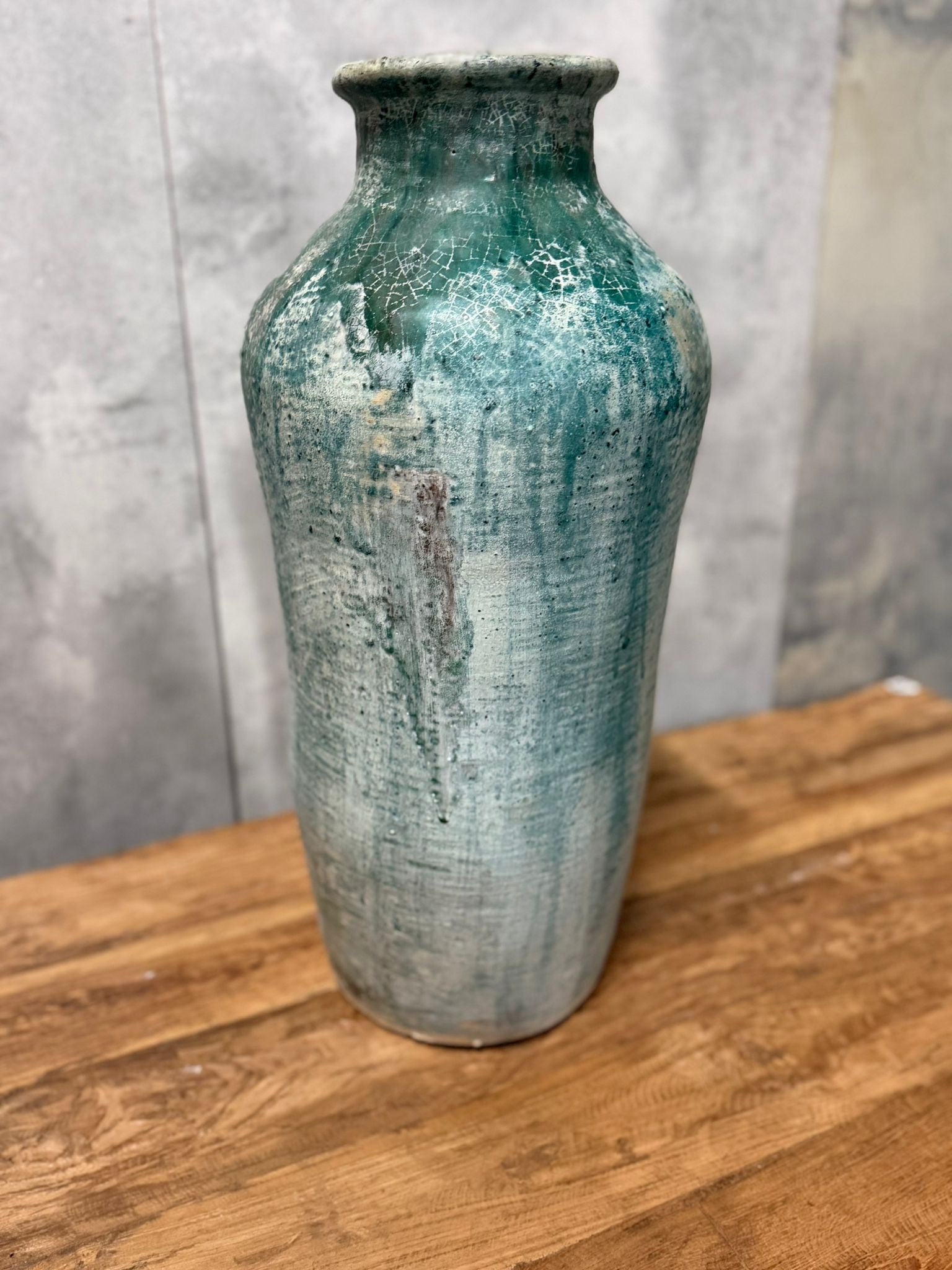 Unbranded Ceramic Floor Vase Rustic Teal Crackle Glaze Large - Image 1