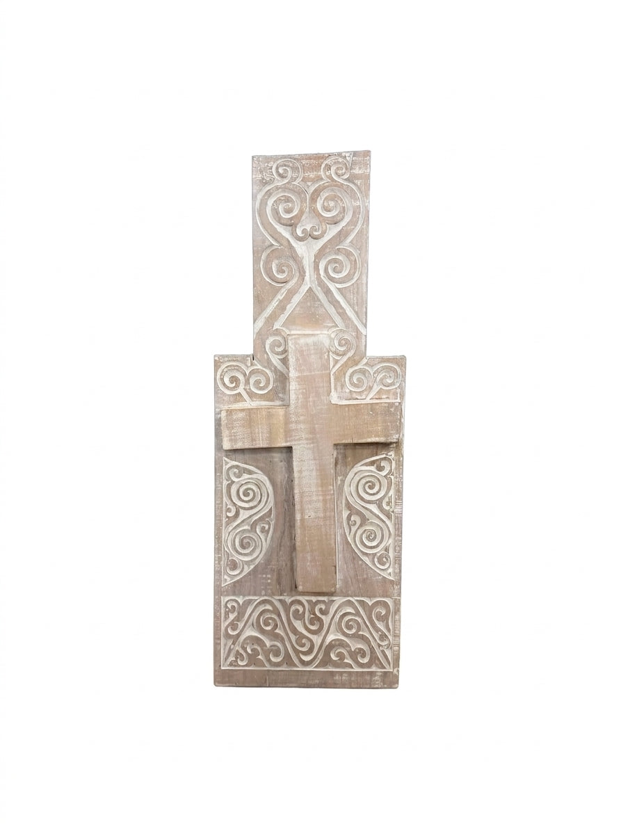 Hand-Carved Wooden Wall Cross Decorative Scrollwork 105cm - Image 1
