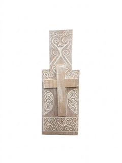 Hand-Carved Wooden Wall Cross Decorative Scrollwork 105cm - Image 1