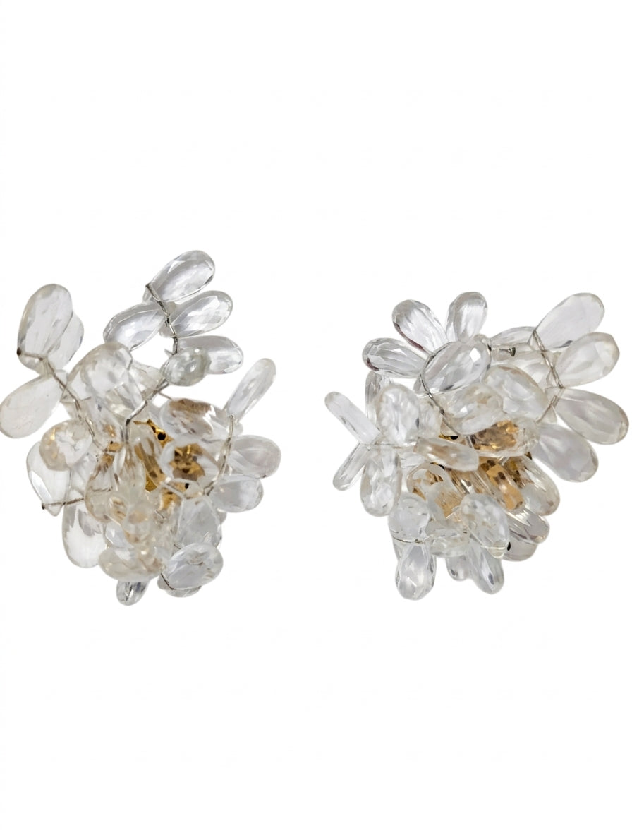 Vintage Crystal Cluster Clip-On Earrings Floral Design Clear - Image 1