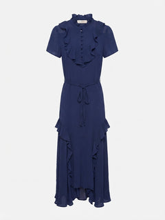 Lee Mathews Swiss Dot Ruffle Midi Dress Blue Size 1 - Image 1