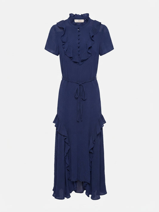 Lee Mathews Swiss Dot Ruffle Midi Dress Blue Size 1 - Image 1