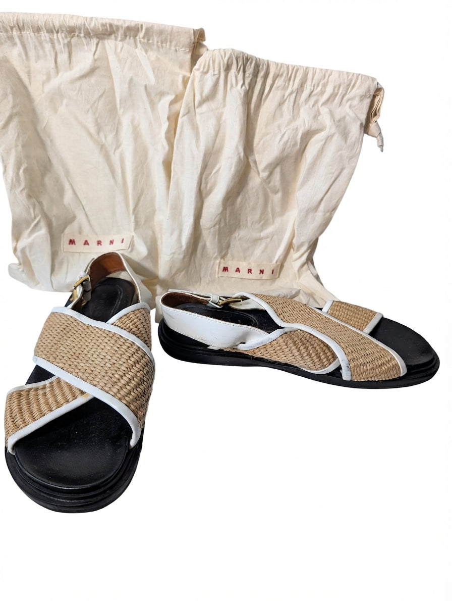 Marni Raffia and Leather Slingback Sandals Beige and White - Image 1