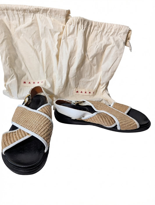 Marni Raffia and Leather Slingback Sandals Beige and White - Image 1