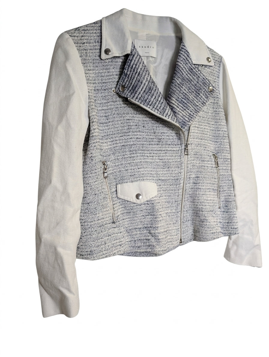 Sandro Paris Tweed and Canvas Biker Jacket Women's Size 40 - Image 1