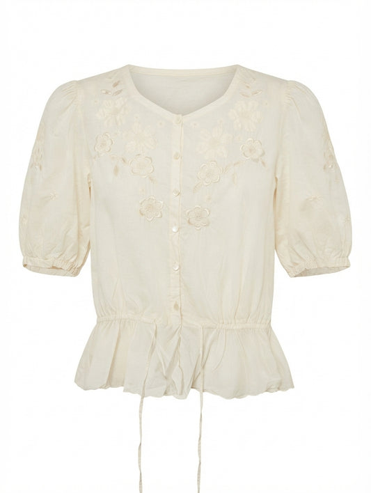 Callore Vintage Floral Embroidered Peplum Blouse Cream - Image 1