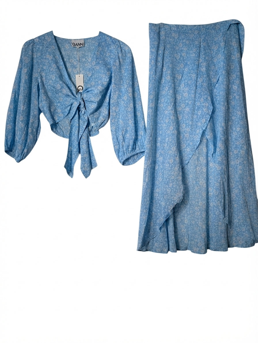 Ganni Floral Tie-Front Top and Wrap Skirt Set EU 36 - Image 1
