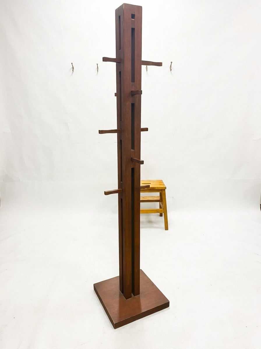 Mid-Century Modern Wooden Coat Rack Stand Brown Detachable Arms - Image 1