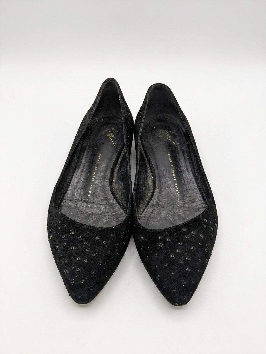 Giuseppe Zanotti Design Black Suede Studded Pointed Toe Flats - EU 41 - Image 1