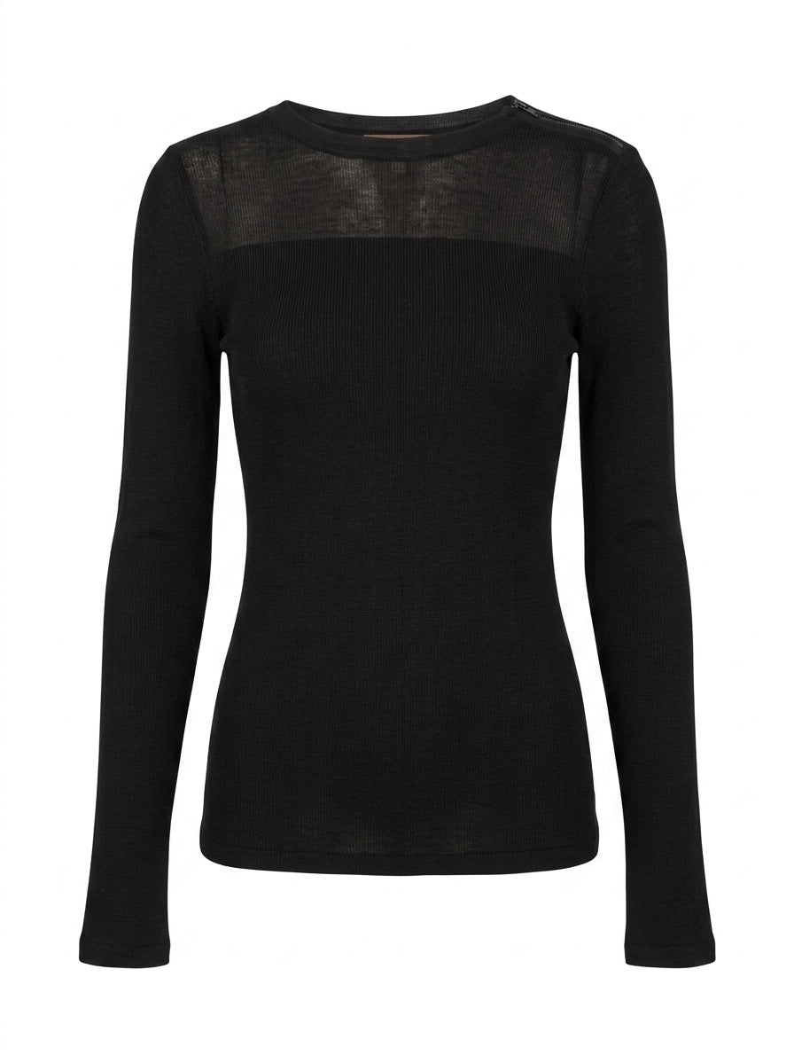 Scanlan & Theodore Black Ribbed Long Sleeve Top with Shoulder Zip Detail - Image 1