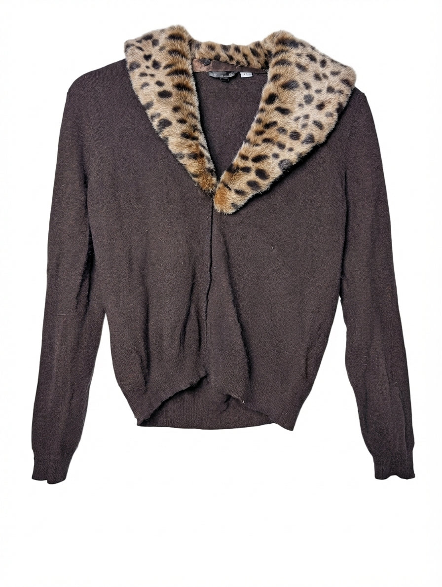 East Knit Cardigan Brown Leopard Print Faux Fur Collar Women's Size S - Image 1