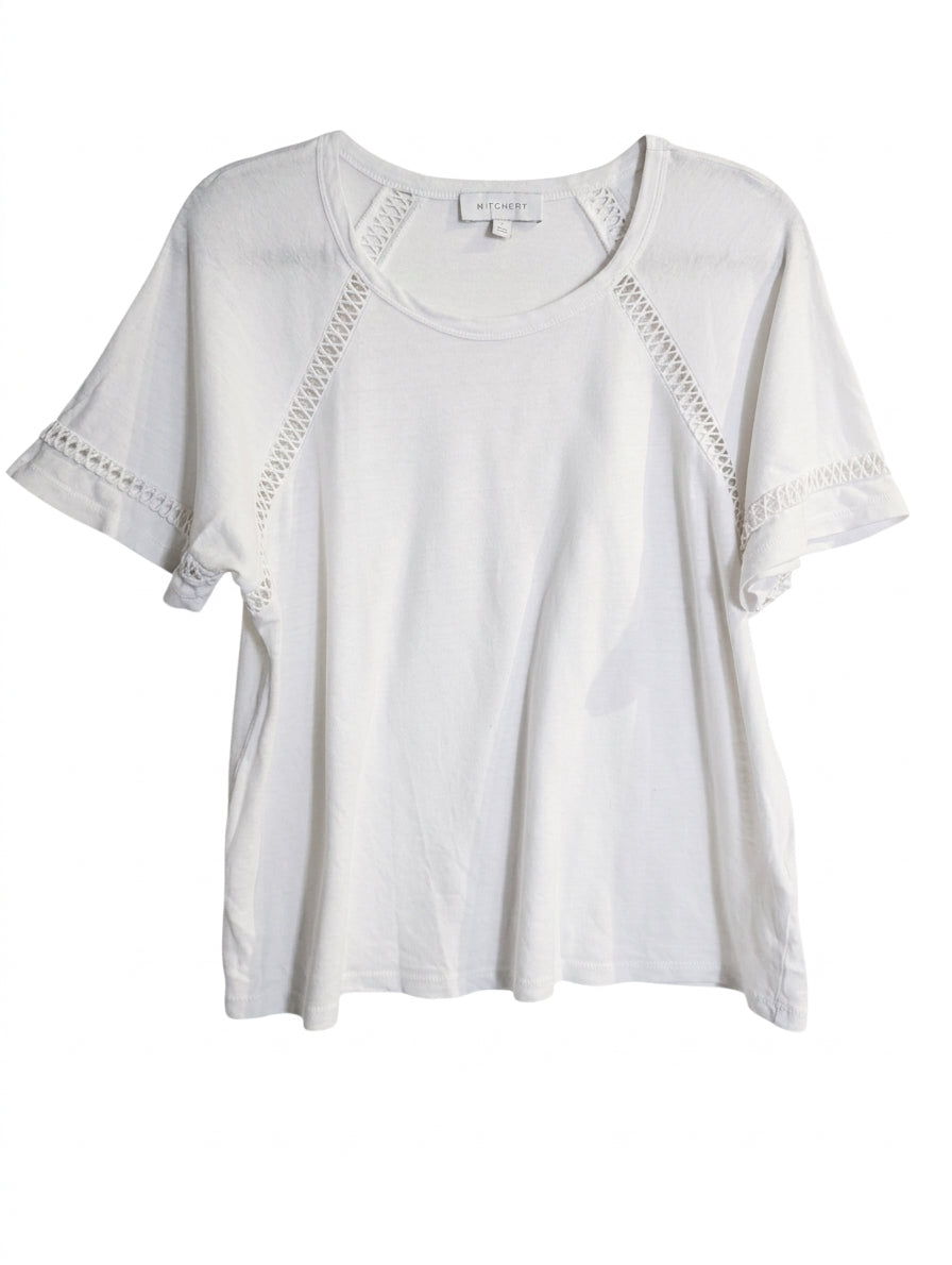 Witchery White T-Shirt with Crochet Detail Women's Size L - Image 1