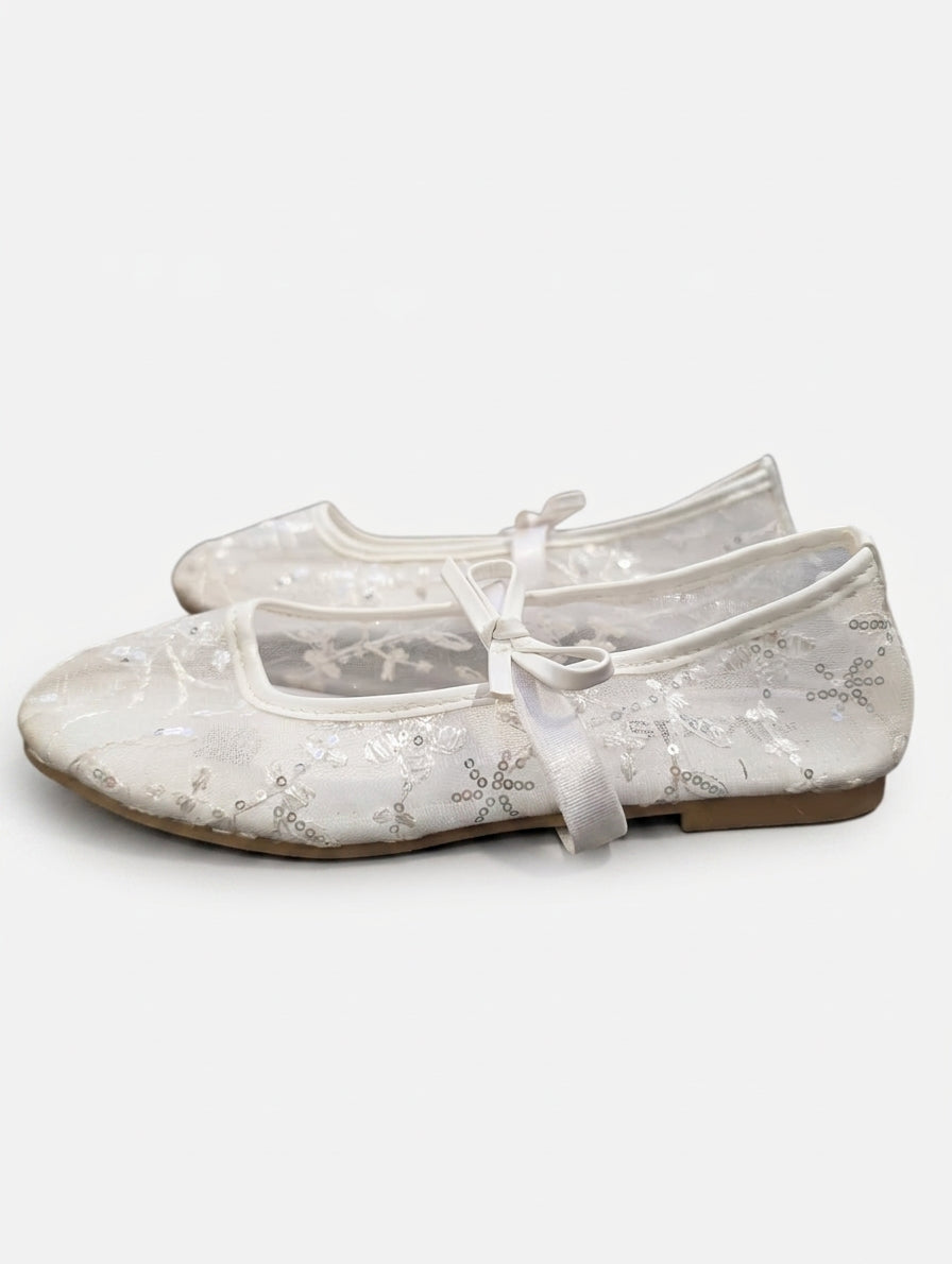 Cotton On Kids Girls White Sequin Floral Mesh Ballet Flats - Size UK 13 - Image 1