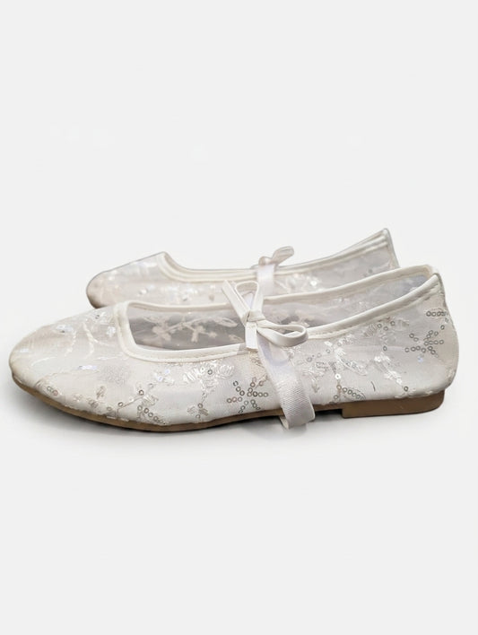 Cotton On Kids Girls White Sequin Floral Mesh Ballet Flats - Size UK 13 - Image 1