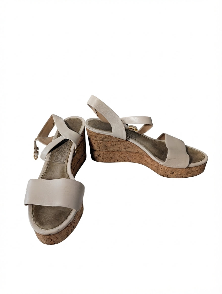 Salvatore Ferragamo Cork Wedge Sandals Cream Leather - Image 1