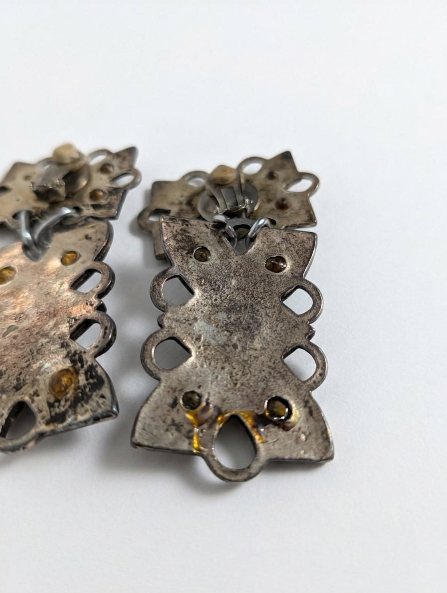 Vintage Filigree Clip-On Dangle Earrings With Pink Stones And Grey Pearls - Image 2