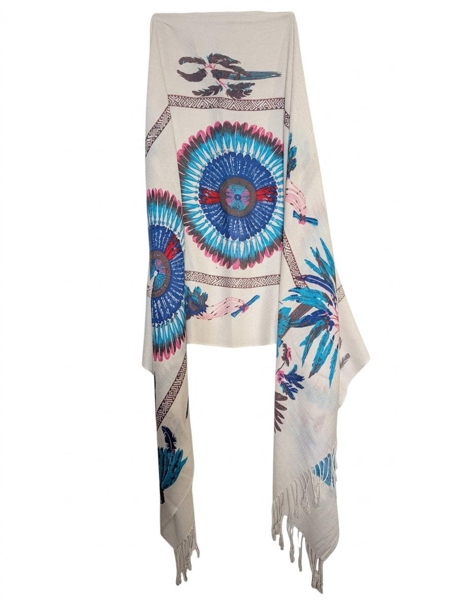 Vintage Native American Inspired Scarf Feather Print Cream - Image 1