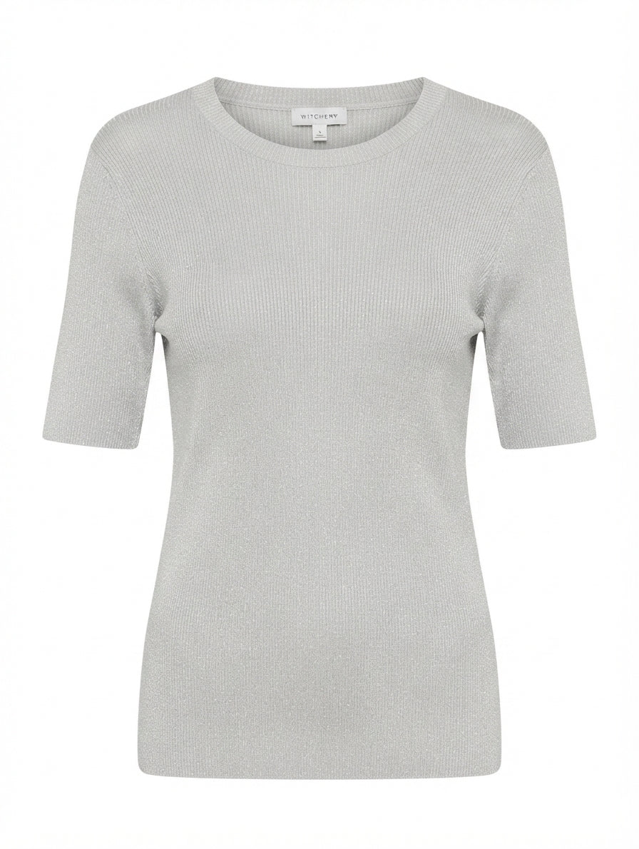Witchery Silver Metallic Ribbed Knit Short Sleeve Top Size S