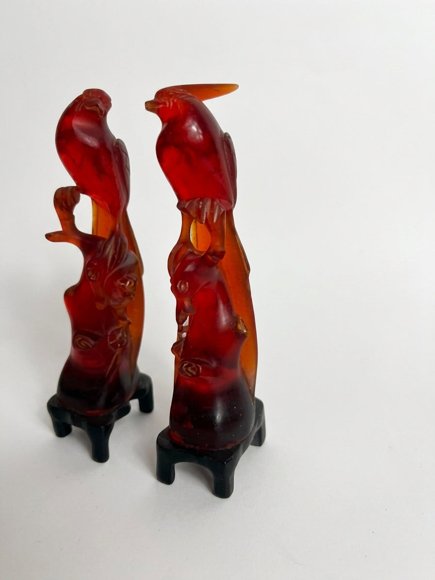 Vintage Chinese Carved Red Resin Parrot Figurines - Pair on Stands - Image 1
